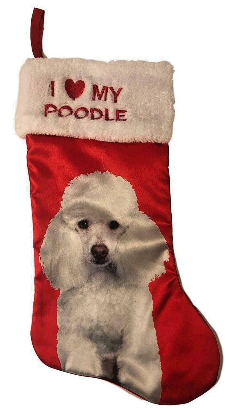 I Love My Poodle Puppy Dog Satin Christmas Santa Stocking Holiday Time NWT